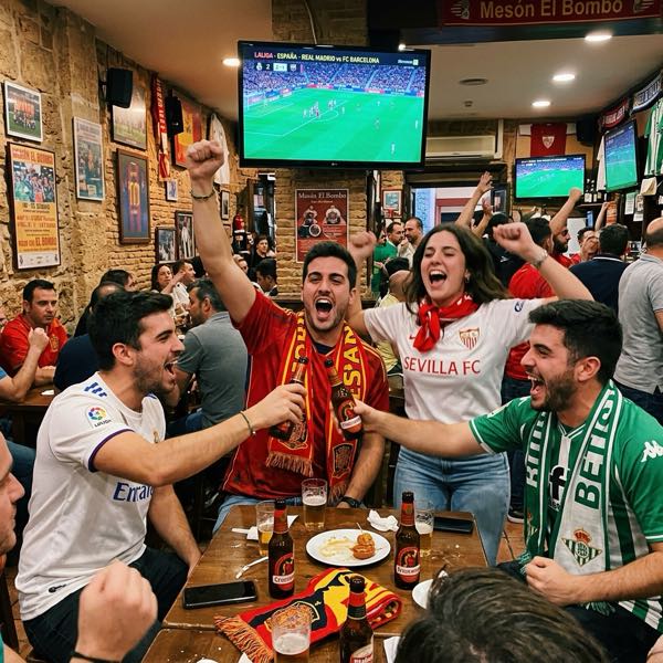 Aficionados españoles animando en un bar de fútbol